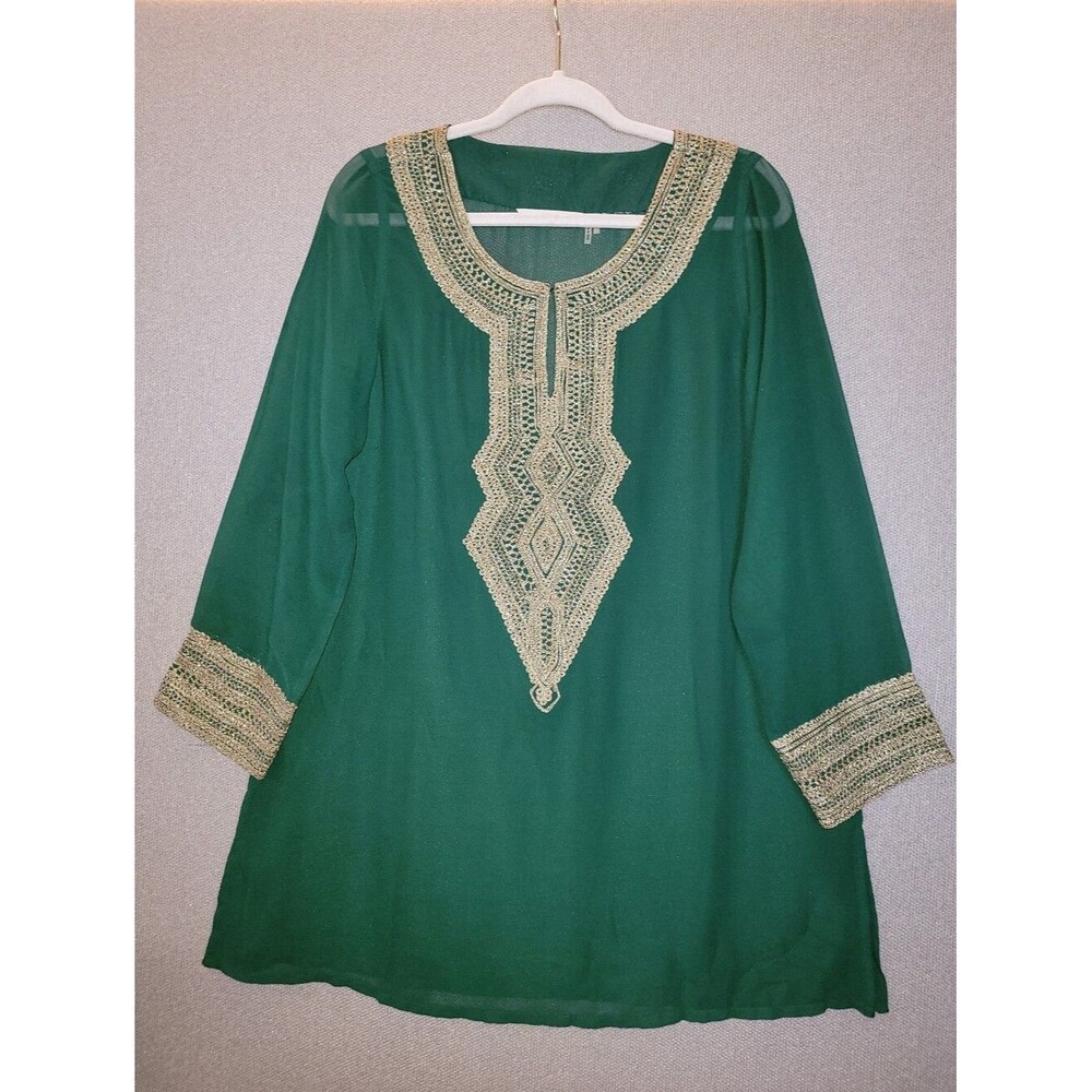 Soft Surroundings Size Medium Green Sheer Tunic with Gold Embroidery Trim